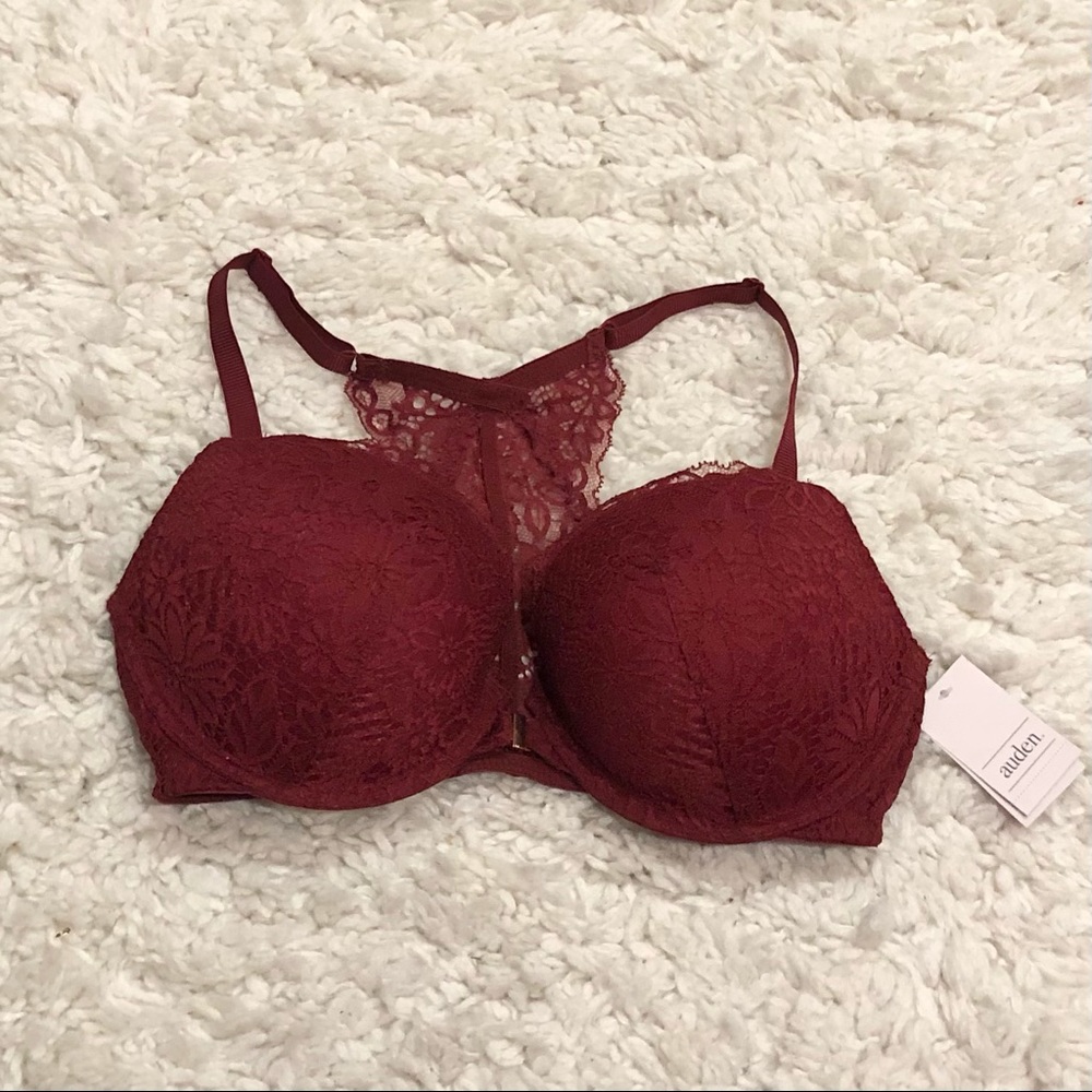 Auden Plunge Coverage Push‎ Up Racerback Bra Floral Lace Berry Red 34D - Picture 3 of 9